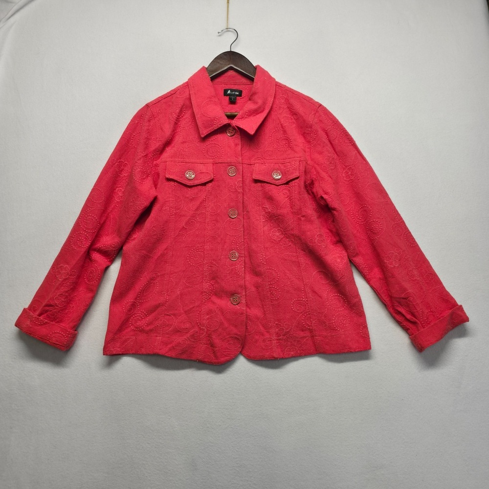 Analogy Women's Red Embroidered Floral Shirt Jacket Size XL